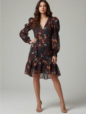 Walter Baker Dark Floral V-Neck Long Sleeve Ruffle Hem Dress